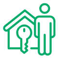 Icon of a person standing next to a house with a key in front of it.