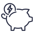 Icon of a piggy bank with a coin going into it. The coin has a lightning bolt on it.
