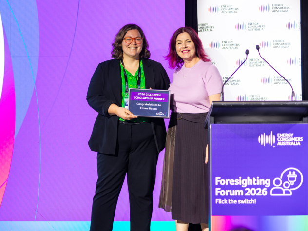 Photo of 2026 Gill Owen Scholarship Winner, Emma Bacon, with Alex Bishop from Energy Consumers Australia, at the 2026 Foresighting Forum