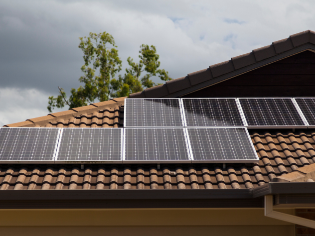Photo of a rooftop with solar panels on it; in the background is a grey cloudy sky and a gum tree