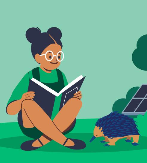 Illustration of young girl reading book outside house