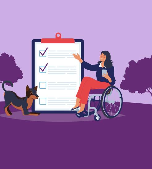 Illustration of woman in wheelchair with dog reading checklist