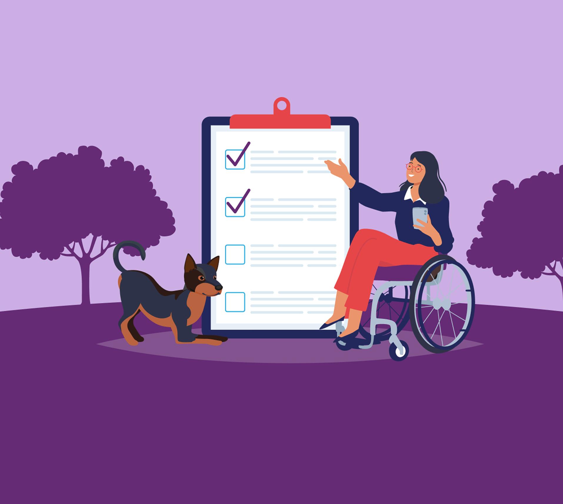 Illustration of woman in wheelchair with dog reading checklist