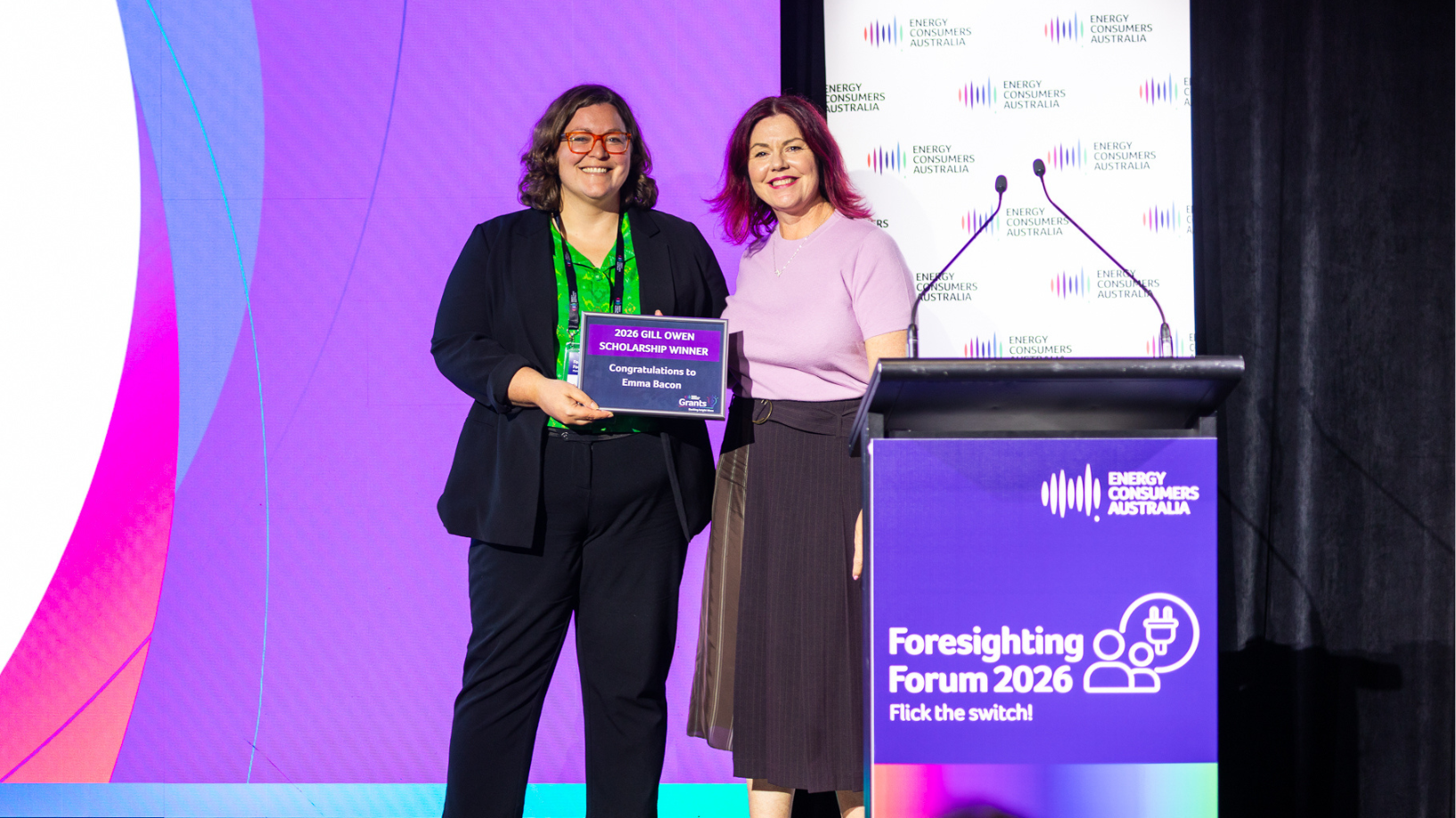 Photo of 2026 Gill Owen Scholarship Winner, Emma Bacon, with Alex Bishop from Energy Consumers Australia, at the 2026 Foresighting Forum