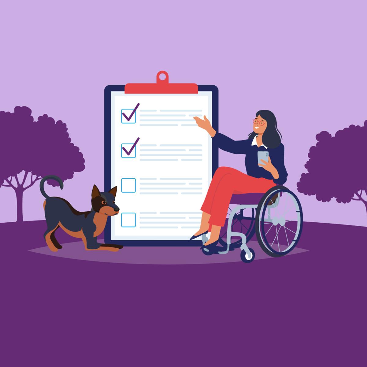 Illustration of woman in wheelchair with dog reading checklist