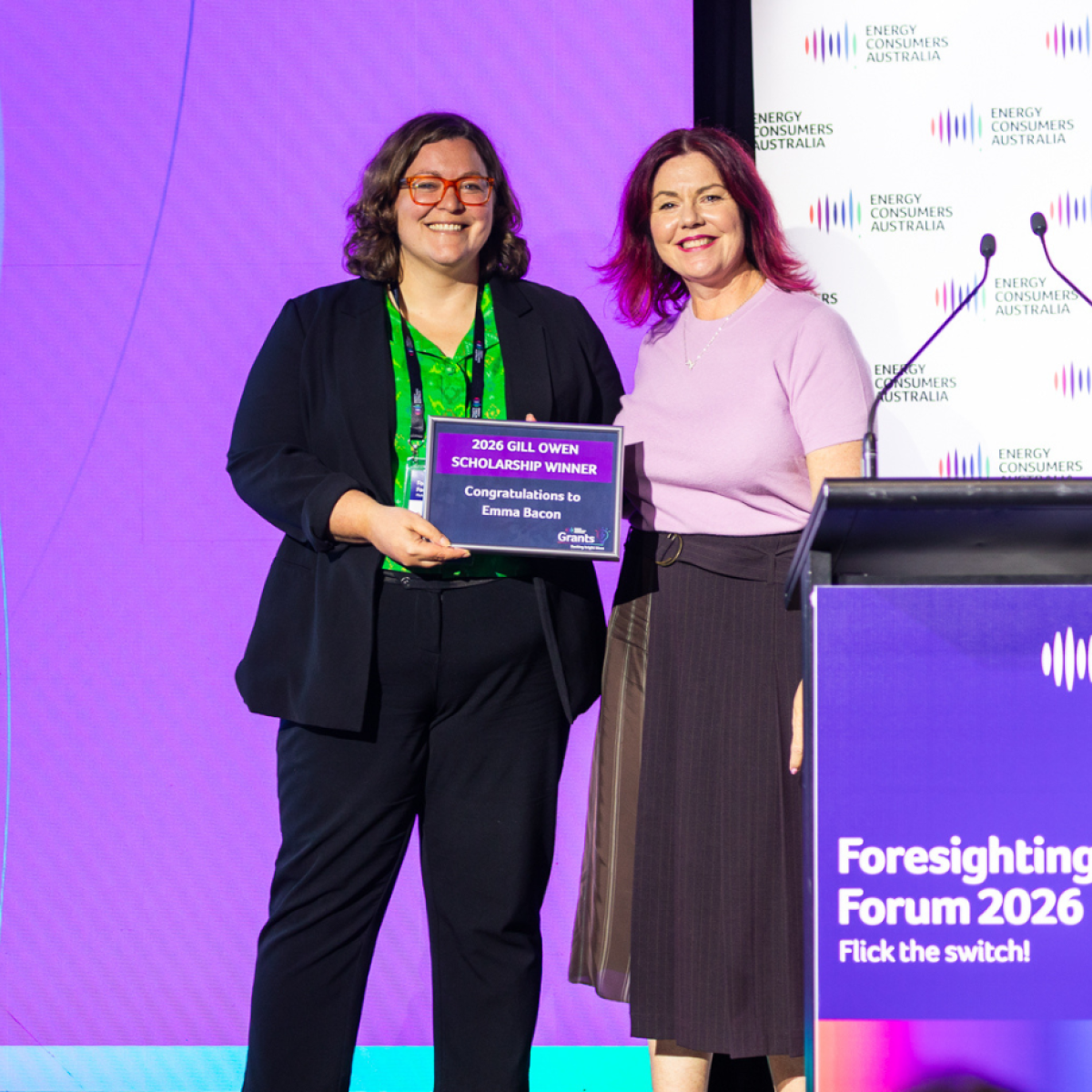 Photo of 2026 Gill Owen Scholarship Winner, Emma Bacon, with Alex Bishop from Energy Consumers Australia, at the 2026 Foresighting Forum