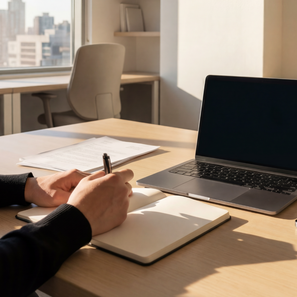 Photo featuring a person sitting writing at a desk. You can see their arms, holding a pen, atop an open notebook. On the desk, there is also a laptop and mobile phone, and in the distance, you can see office chairs in front of a window looking out over a sun-drenched cityscape.