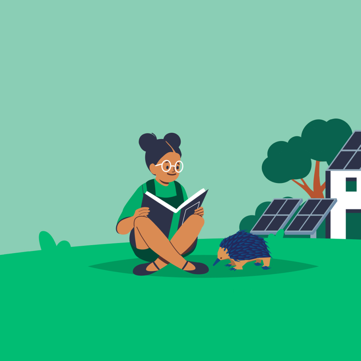 Graphic featuring girl reading book on grass next to an echidna, with a tree and house with solar panels in the background.