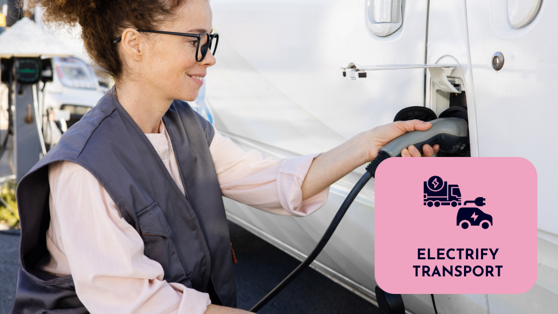 Photo of person charging electric vehicle with text: Electrify Transport
