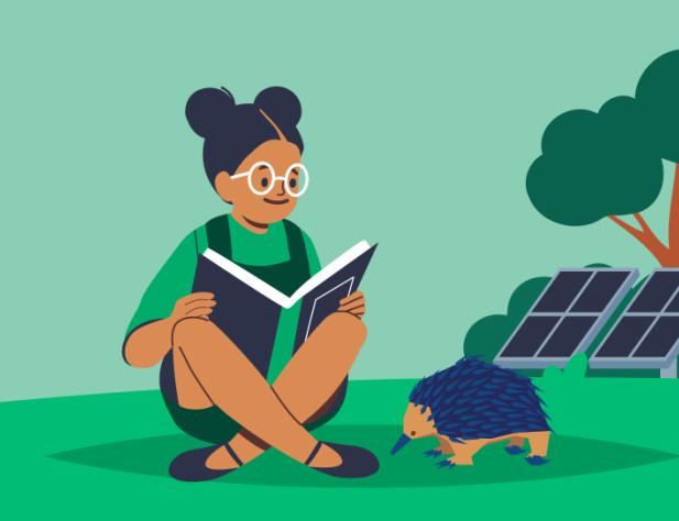 Illustration of young girl reading book outside house