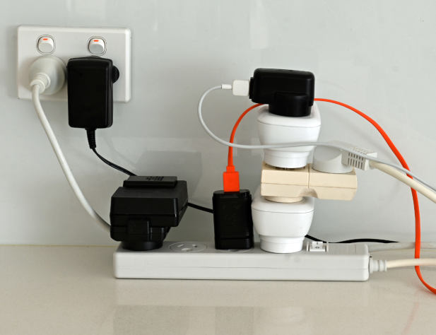 Photo of a power board with cords and adapters piled onto it.