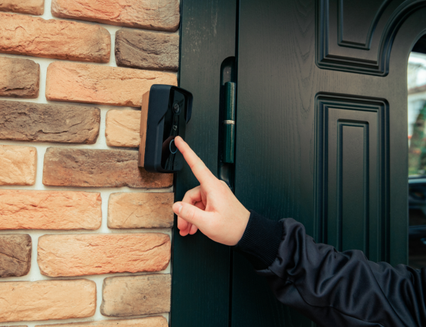 Photo of a hand pressing a black doorbell, in front of a black door.