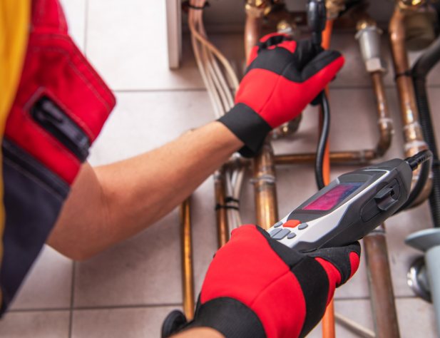 Close-up photo of hands wearing red and black gloves, checking pipes