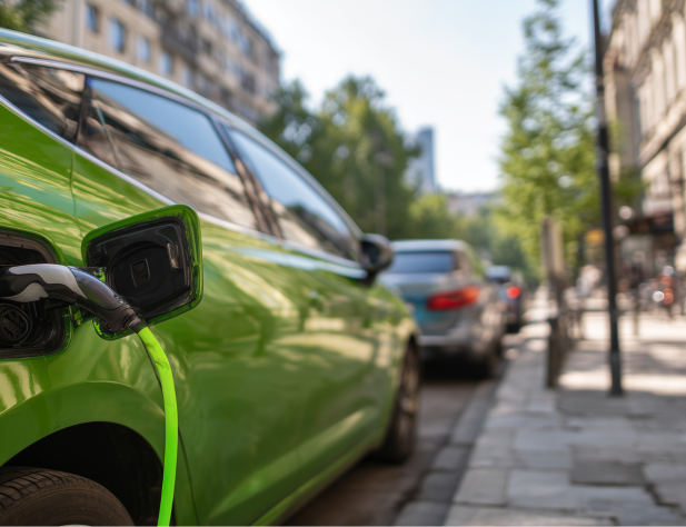 Close-up photo of a green electric vehicle charging on a street