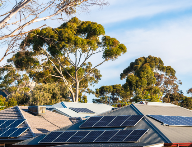 Photo of rooftops with solar panels on them and trees, blue sky and clouds in the background.