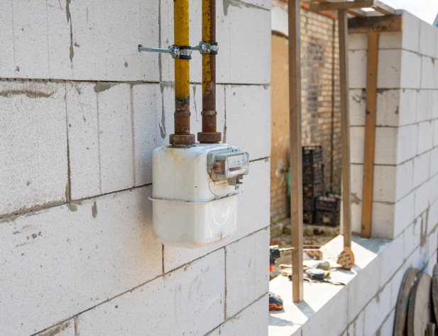 Photo of a gas meter and pipes on a house under construction