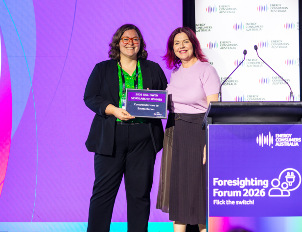 Photo of 2026 Gill Owen Scholarship Winner, Emma Bacon, with Alex Bishop from Energy Consumers Australia, at the 2026 Foresighting Forum