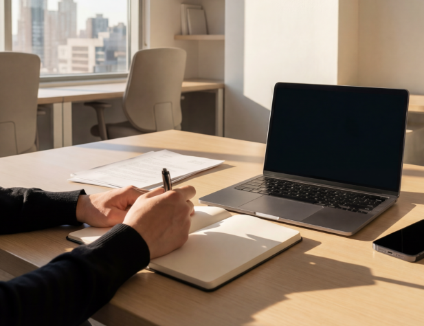 Photo featuring a person sitting writing at a desk. You can see their arms, holding a pen, atop an open notebook. On the desk, there is also a laptop and mobile phone, and in the distance, you can see office chairs in front of a window looking out over a sun-drenched cityscape.