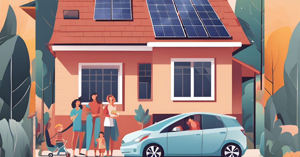 Animated image of a home with solar panels on the roof and a family standing out the front