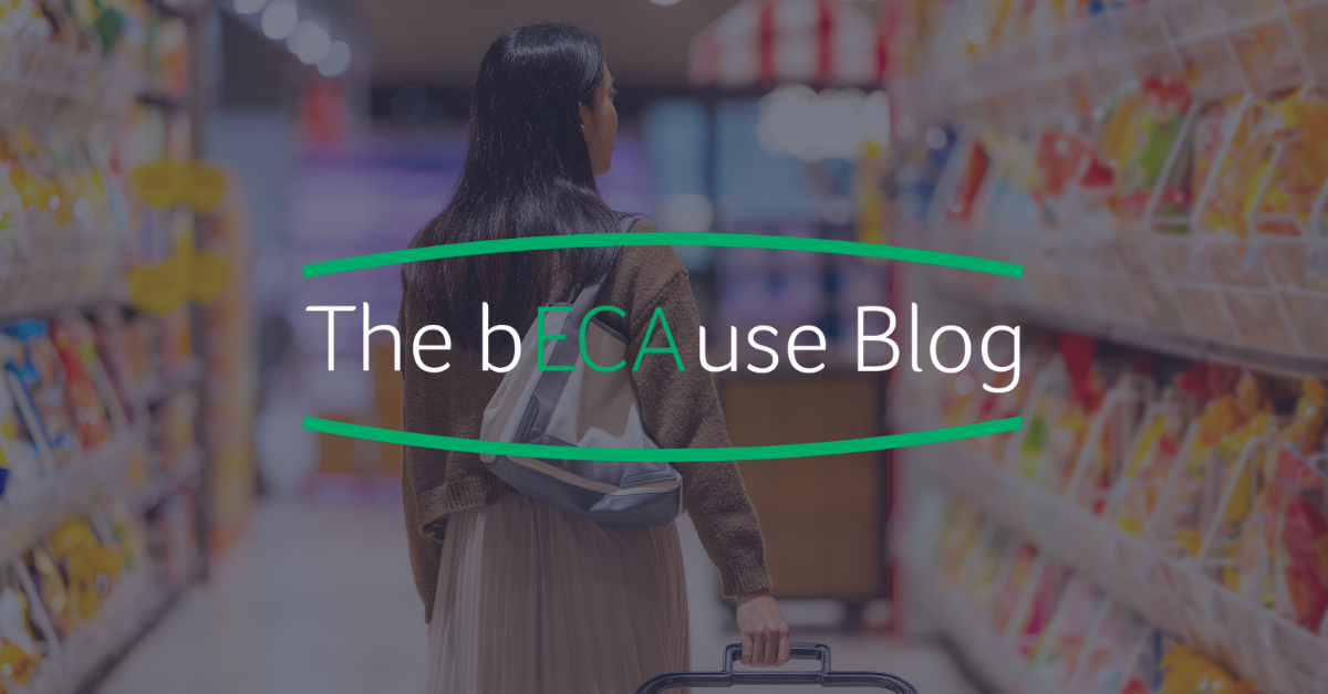 Photo of a person walking down a shopping aisle with text: The bECAuse blog