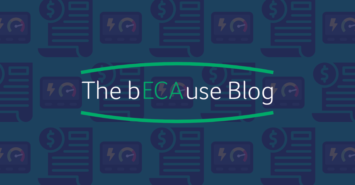 Image of an illustrated background pattern with smart meters and energy bills, and the words 'The bECAuse Blog' in the foreground