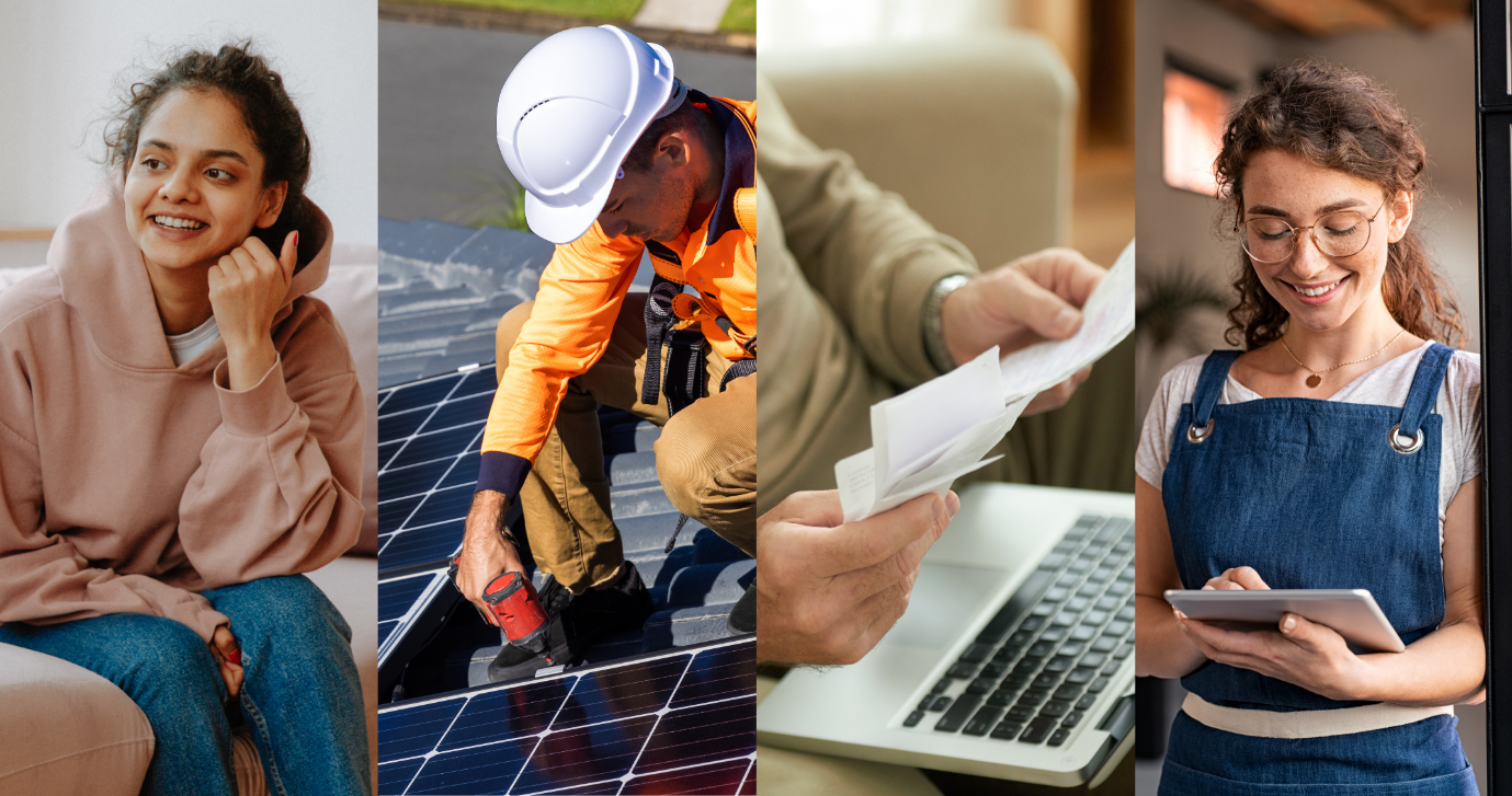 Photo of four people: one is a person sitting on a couch smiling, another is a solar installer on a rooftop, another is a close-up of hands holding a bill with a laptop, and the final person is a small business owner smiling and tapping something onto a tablet.