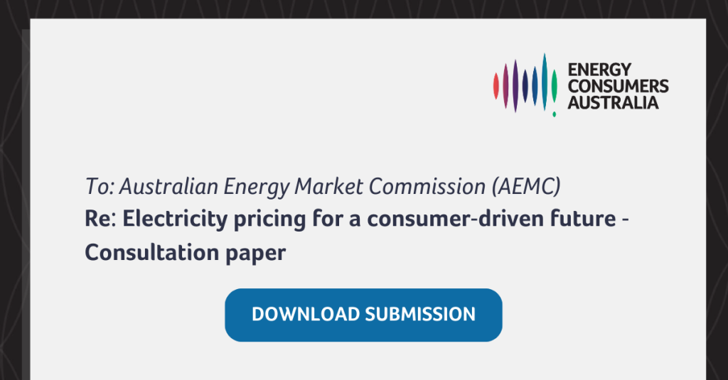 Image with Energy Consumers Australia logo and text: to Australian Energy Market Commission (AEMC) re: electricity pricing for a consumer-driven future consultation paper - and button with text 'download submission'