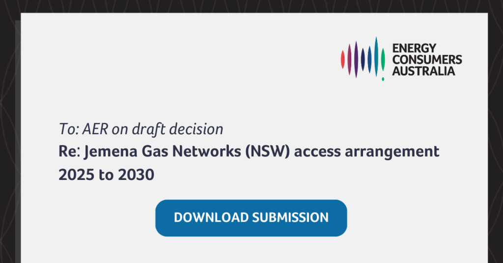 Graphic with text - to: AER Re: Jemena Gas Networks (NSW) access arrangement 2025-2030 and Energy Consumers Australia logo. Click to download submission.