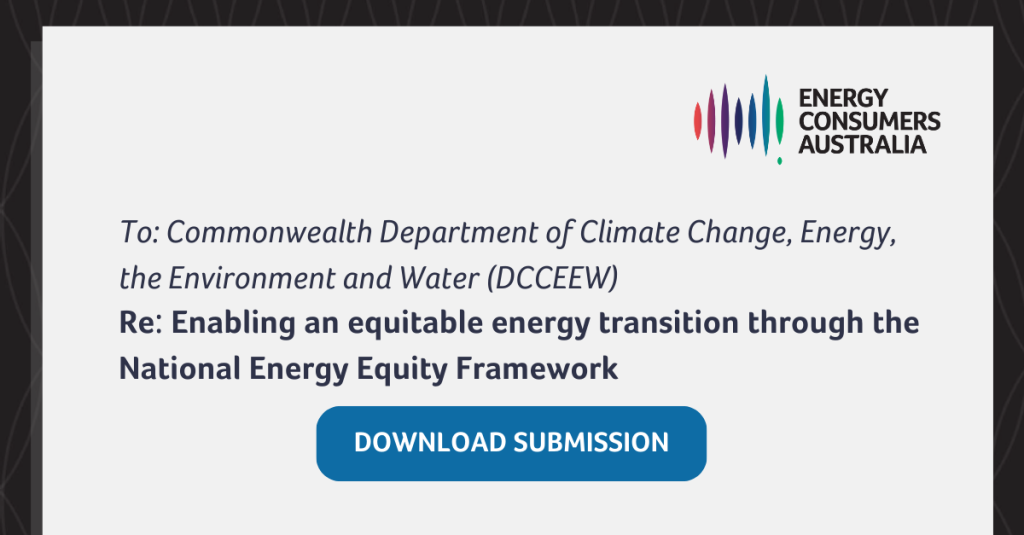 Illustration of a page with the ECA logo and words: Submission to DCCEEW Re: Enabling an equitable energy transition through the National Energy Equity Framework