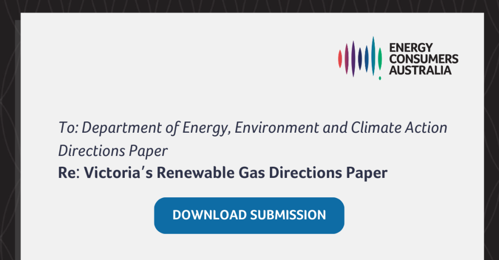 Graphic with text - To: Department of Energy, Environment and Climate Action Directions Paper and Energy Consumers Australia logo. Click to download submission.