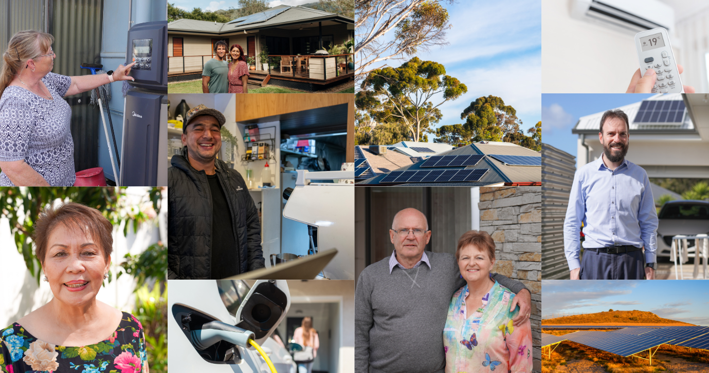 Composite photograph of lots of different people, including a couple, a cafe owner, as well as solar rooftops and a close up of an electric vehicle charging.