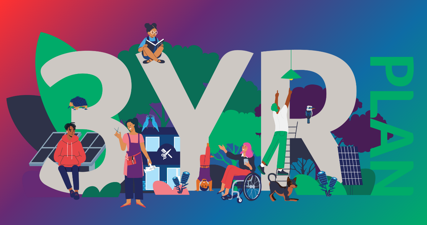 Illustration with a rainbow gradient in the background and the words '3 year plan' in the foreground. Assembled around the letters are lots of people doing different things: reading, climbing a ladder, a hairdresser - to show a mix of energy consumers.